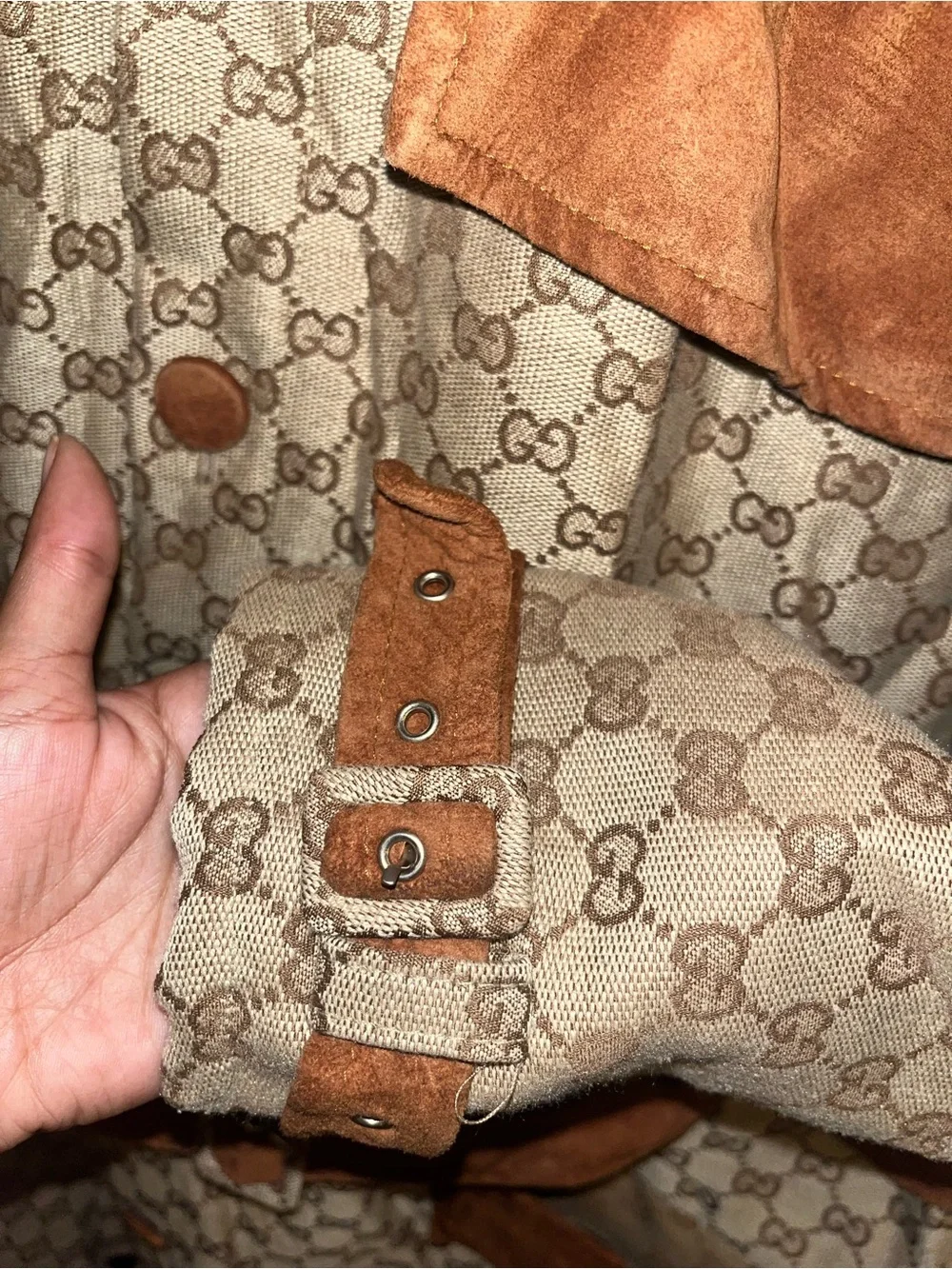 Gucci Brown Monogram Canvas Trench Coat with Suede Trim